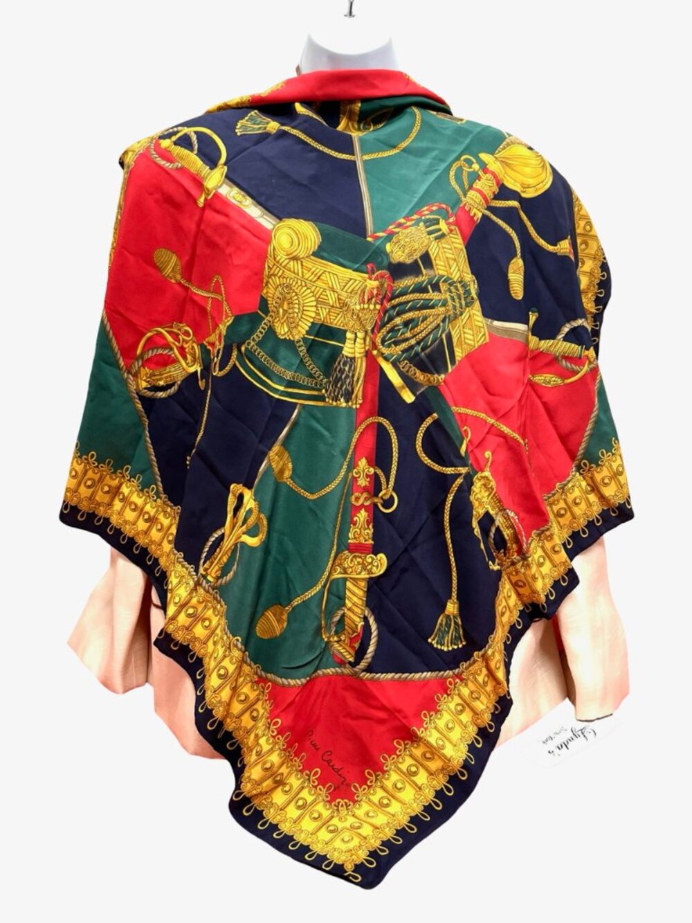 Vintage Pierre Cardin Paris  100% silk satin scarf 34" red black gold green (73